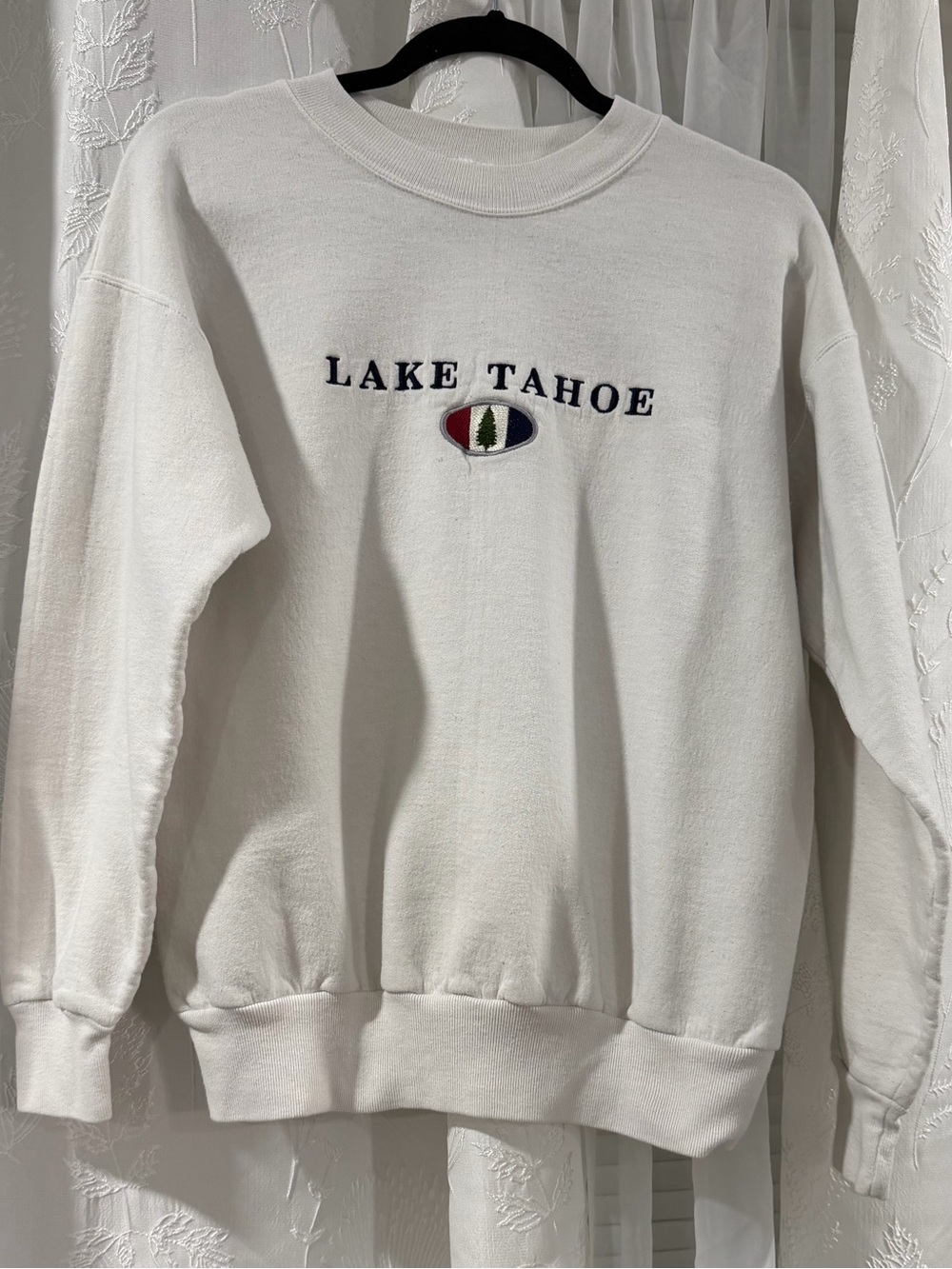 Hanes White Crewneck Sweatshirt with Navy Embroidery